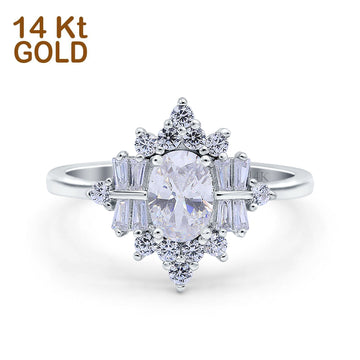 14K White Gold Oval Cut Halo Vintage Bridal Wedding Engagement Ring Simulated CZ